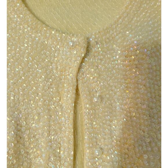 Sweater Womens Hand Beaded Vintage 1980s Small Cream Yellow Sparkly - Picture 5 of 8